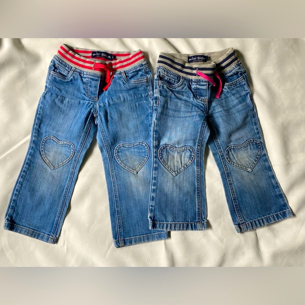 2 pair- Mini Boden Blue and Red Elastic Waist Jeans with Heart Stitching